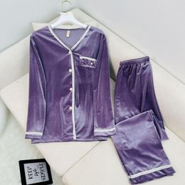 Women's Sleepwear V Neck Women Pajamas Sets Nightwear Shirt Pant Gold Velvet Sleep Suit Pearl Buckle Homewear Outside Home Clothes