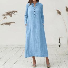 Casual Dresses Women Vintage Solid Cotton Linen Dress 2023 Summer Elegant V Neck Long Sleeve Female Loose Sundress