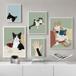 Canvas Painting Funny Cat Form Reading Prints Tuxedo Wine Cute Cat Lover Poster Wall Art Pictures For Living Room Kitchen Home Decor w06