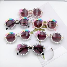 Kids' Sunblock Pearls Kids Vintage Round Handmade Diamond Eyewear Summer Beach Eyewear Children Party Eyeglasses Gafas Girls N878 230718