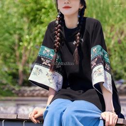 Ethnic Clothing Chinese Style Summer Top Women Loose Outer Wear Fashion Round Collar Base T- Shirt Wide Sleeve Embroidery