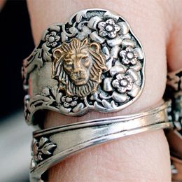 Vintage Lion Spoon Thick Thumb Adjustable Floral Ring For Women Female Fashion Boho Jewelry Wedding Party Gift Ring