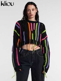 Women's Sweaters Kliou Knitted Tassel Patchwork Sweater Women Winter Loose Colorful Striped Full Sleeve Bare Midriff Unique Panelled Croped Tops L230718