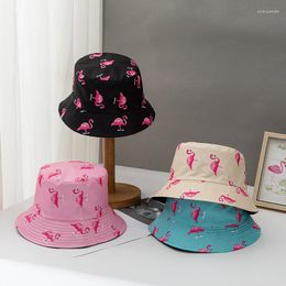 Berets Flamingo Print Double Side Wear Bucket Hat For Women Lady Wide Brim Fordable Outdoor Sun Visor Beach Travel Panama Caps