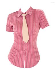 Women's Blouses 2023 Harajuku Vintage Short Sleeve Striped Sexy Girl Slim Fit Waist Design Shirt Tight Top Fashion Y2K Streetwear