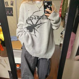 Women's Sweaters Harajuku Thick Sweater Women's Spider Print Sweater Gothic Vintage Tear Grinch Y2k Jumper Street Clothing Extra Large Hip Hop Pulley L230718