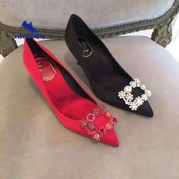 Dress Shoes Rhinestone Square Buckle Pointed High Heels Red Bride's Satin White Wedding Large Size 35-43