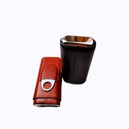 Portable Cedar Leather Cigar Case W/ with Silver Stainless Steel Cigar Cutter Travel Pouch Holder Two Options Cigars Humidifier