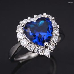 Cluster Rings Luxury Heart Sapphire Gemstones Diamond For Women 18k White Gold Silver Colour Jewellery Blue Crystal Bijoux Bague Party Gift