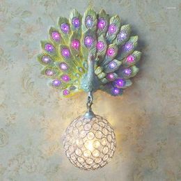 Wall Lamp Modern Luxury Southeast Asia Colourful K9 Crystal Metal Bird Nest Lampshade Resin Peacock For Background Aisle