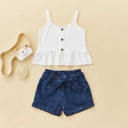 Clothing Sets Summer Fashion Kids Girls 2pcs Clothes Sets 1-6Y Solid Ruffles Sleeveless Vest Tops+Denim High Waist Shorts