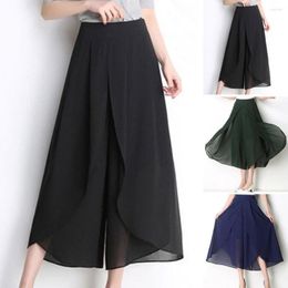 Women's Pants Women Skirt See-through Chiffon Lady Trousers Double Layers Split Hem Cropped Pant Solid Color Elastic Waist Wide Leg