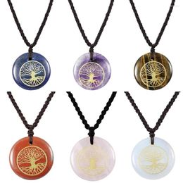 Pendant Necklaces TUMBEELLUWA Tree Of Life Engraved Round Stone Amulet Necklace Adjustable Wave For Unisex