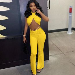Women's Two Piece Pants Znaiml Sexy Party Night Club Set Women Solid Halter Backless Crop Top And Flare Sets Birthday Summer Outfits