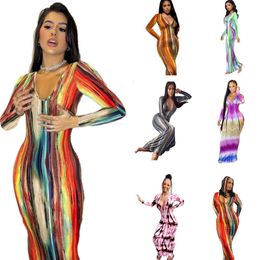 Plus size Dresses Ladies Bodycon Dress Tie Dye Print Sexy Long Sleeve V Neck Maxi For Women Vestido De Festa Fashion Clothing 230718