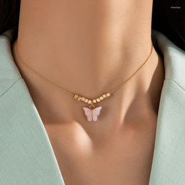 Pendant Necklaces Simple Pink Butterfly Necklace Suitable For Women's Fashion Geometric Brick Inlaid Alloy Choker 23307