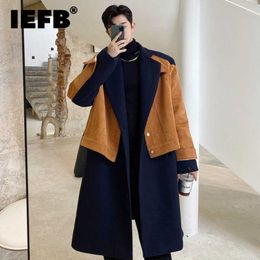 Men's Wool Blends IEFB Winter New Korean Fashion Woollen Fabric Contrast Quilted Cotton Men Long Coat 2023 Patchwork Casual Trench 9A5902 HKD230718