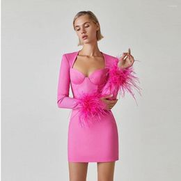 Casual Dresses Elegant Luxury Women's Dress U-Neck Square Shoulder Cuffs With Feather Pink Bandage Ball Gown Evening