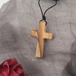 Pendant Necklaces Olive Wood Long Adjustable Black Leather Rope Necklace Cross-shape Christian Gifts For Men And Women