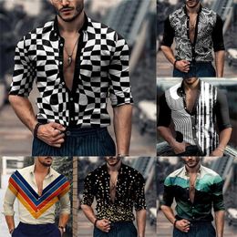 Men's Dress Shirts Men Button Down Muscle 3D Print Slim Fit Shirt Party Long Sleeve Vintage Boutique Fashion Elastic