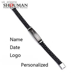 SHOUMAN Personalised Engrave Name Date Black Braid Woven Leather Bracelet Stainless Steel Men Bangle Women Jewellery Gift L230620