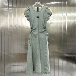 Denim Dress Womens Summer Vintage Style Bubble Sleeve Slim Waist Hollow Design A Line Skirt High Waist Slim Dress