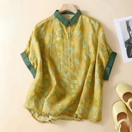 Women's T Shirts Summer Vintage Women Floral Pattern Short Sleeve Loose Yellow Blue Cotton Linne Top Shirt Woman Comfortable Tops