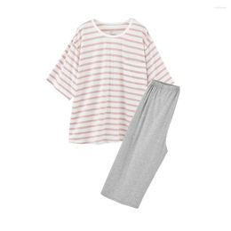 Women's Sleepwear Couple Striped 2PCS Pyjamas Sets O-Neck T-Shirt&Shorts Pyjamas Suit Cotton Nightwear Soft Casual Loose Home Clothes