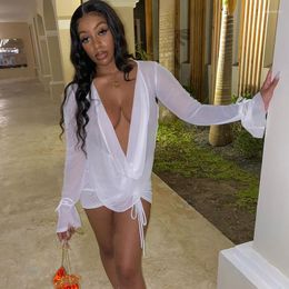 Casual Dresses Sexy Mesh Women's Suit Summer 2023 Party Club Flare Sleeve Deep V-neck Backless Drawstring Skirt Sets Transparent Outfit