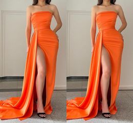 Sexy Orange Plus Size Mermaid Prom Dresses Long for Women Strapless Pleats High Side Split Birthday Pageant Celebrity Evening Party Gowns Formal Occasions