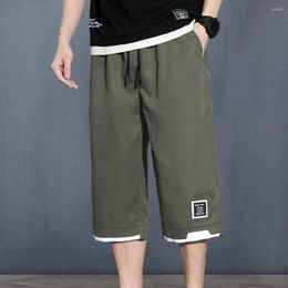 Men's Shorts Men Summer Pants Wide Leg Ice Silk Drawstring Pockets Cropped Elastic Waist Straight Mid-calf Length Trousers