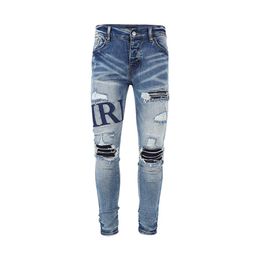 Mens jeans washed with old design letters embroidered patch casual slim skinny European and American street style223f