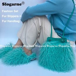 Women's Sets Woman Slippers Faux Fashion 555 Handbags Fur Set Slides Furry Bag Purse Wallet Indoor Shoes Plus Size 49 230717 ry 305 450