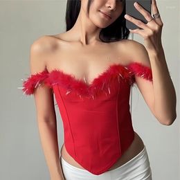 Women's T Shirts Sexy Cute Women Red Fur Irregular Slim Crop Party Feathers T-shirt Tops Bandage Lace Up Tee Shirt Summer