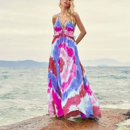 Casual Dresses Women Boho Tie-dye Print Beach Dress 2023 Summer Sexy Swing V-Neck Sleeveless Female Vintage Elegant Maxi Robe