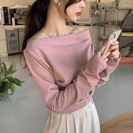 Women's Blouses GkyocQ 2023 Summer Women Tops Solid Slash Neck Ruffled Tees Skinny Off Shoulder Long Sleeve Casual Shirts Elegant Ladies