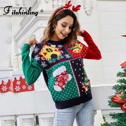Women's Sweaters Fitshinling New Arrival Christmas Sweater Ugly Jumper Knitwear Trees Fashion Slim Knitted Xmas Pull Femme Patchwork Tops Women L230718