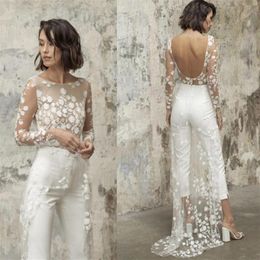 Sexy Open Back Jumpsuit Wedding Dresses with Lace Overskirts Long Sleeves Bride Wedding Gowns Pant Suit Vestidos De Novia247N