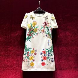 2023 Summer White Floral Print Dress Short Sleeve Round Neck Knee-Length Casual Dresses A3Q122246