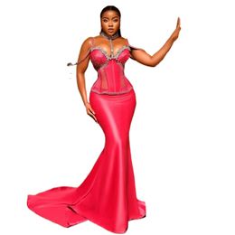 New Pink African Mermaid Prom Dresses For Black Girl Satin Beading Crystal High Neck Tight top Sexy Celebrity Party Dress Formal Evening Gowns
