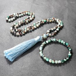 Pendant Necklaces Trendy 108 Mala Beads Women Bracelets Men 6mm Natural Green Fire Agates Bracelet Blessing Tassels Jewelry Gift