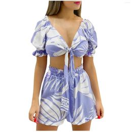 Women's Tracksuits Womens Fashion Navel Top Short Summer Puff Sleeve Printed Shorts Set Ladies Sexy V-Neck Two Piece Comfortable Pant Suit