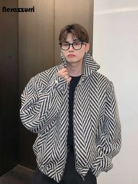 Men's Wool Blends Mauroicardi Autumn Winter Warm Colorful Black and White Plaid Woolen Jacket Coat Men Zip Up Clothes Loose Casual Korean Fashion HKD230718