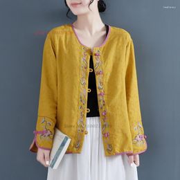 Ethnic Clothing 2023 Chinese Improved Hanfu Blouse Natioanl Flower Embroidery Cotton Linen Loose Oriental Retro Service Jacket