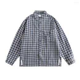 Men's Casual Shirts Men Japan Streetwear Loose Long Sleeve Stand Collar Cotton Linen Plaid Male Cityboy Outdoor Fashion Blouses
