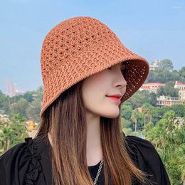 Wide Brim Hats 2023 Summer Handmade Straw For Women Girls Hollow Out Knit Dome Bucket Caps Foldable Beach Panama