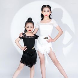 Stage Wear White Black Lace Sleeves Latin Dance Dress Girls Competition Costumes Children'S Clothes SL7984