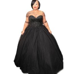 Sexy Keyhole Black Wedding Dress 3/4 Long Sleeve Pearls Beaded A-Line Bridal Gowns Gothic Plus Size Wedding Dresses Sheer Jewel Neck Vestidos