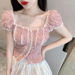 Women's Blouses Korejepo Lace Splicing Short Top Square Neck Bubble Sleeved T-shirt 2023 Summer Gentle Romantic Blouse