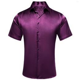 Men's Casual Shirts Purple Red Short Sleeves Mens Jacquard Floral Paisley Silk Spring Summer Shirt Blouse For Male Business Wedding Fashion